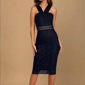 Lulu’s Cocktail Ready Navy Blue Crochet Lace Midi Dress
